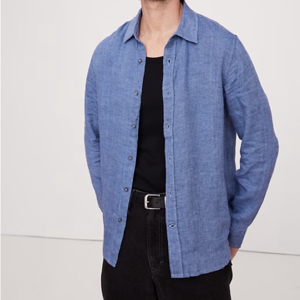 S46 Banana Republic Casual Linen Blue Button Down Shirt